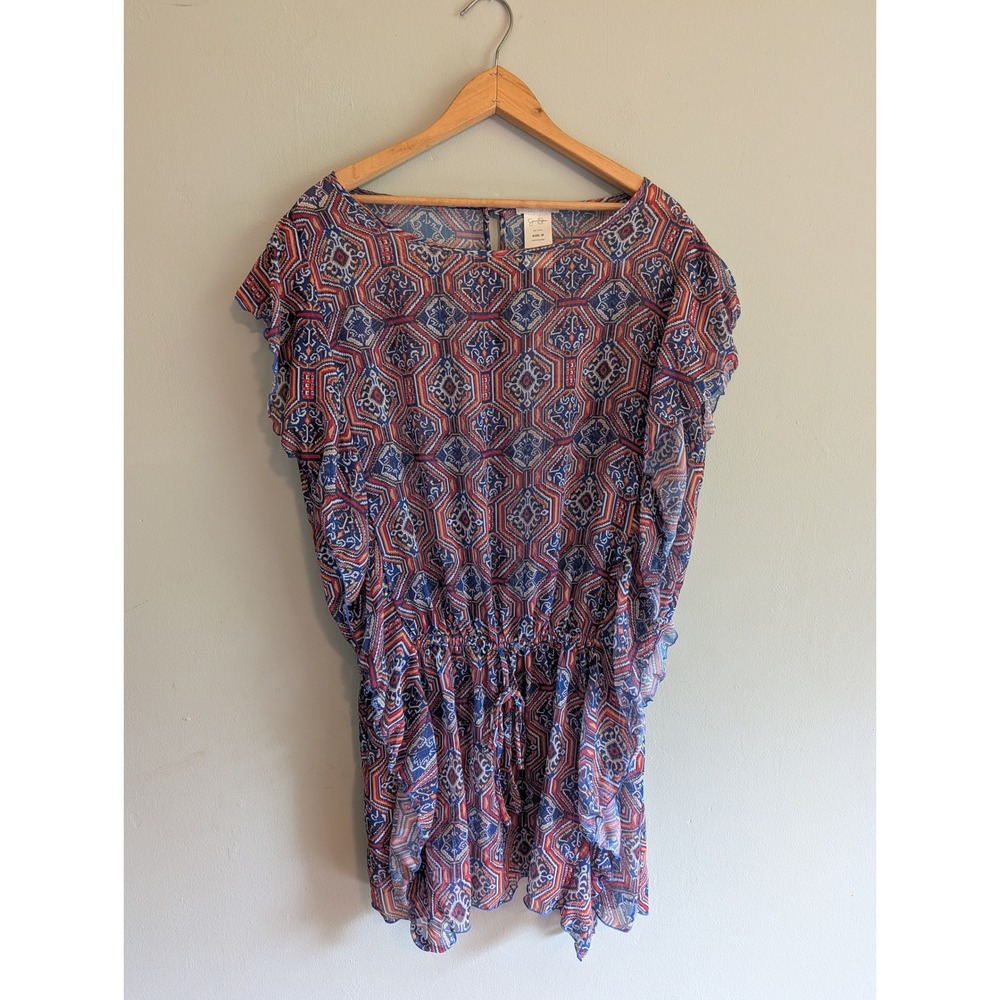 Jessica Simpson Blue Red Geometric Medallion Print‎ Chiffon Peplum Blouse Medium